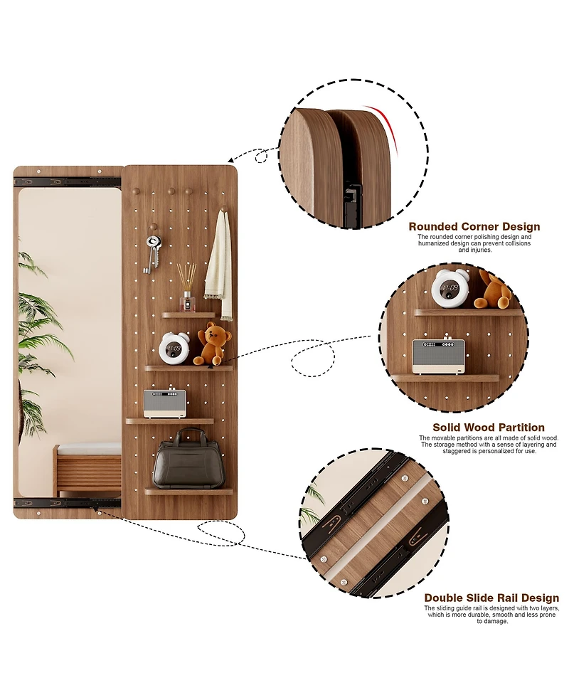 Busdays Wall Mounted Full Length Mirror with Shelf and Hook, Walnut 47.615.7in Multifunctional for Bedroom Entrance