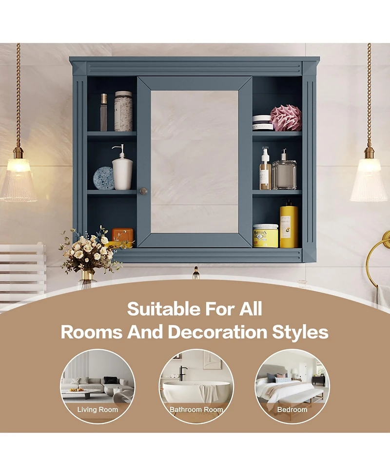 Busdays 35" x 28" Wall Mounted Bathroom Storage Cabinet with Mirror, Medicine Cabinet with 6 Open Shelves, Modern Design