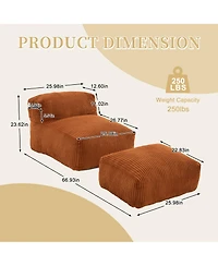 Rainsken Corduroy Bean Bag Chair with Ottoman, Large Beanbag with Side Pockets & Memory Foam for Living Room Lounge