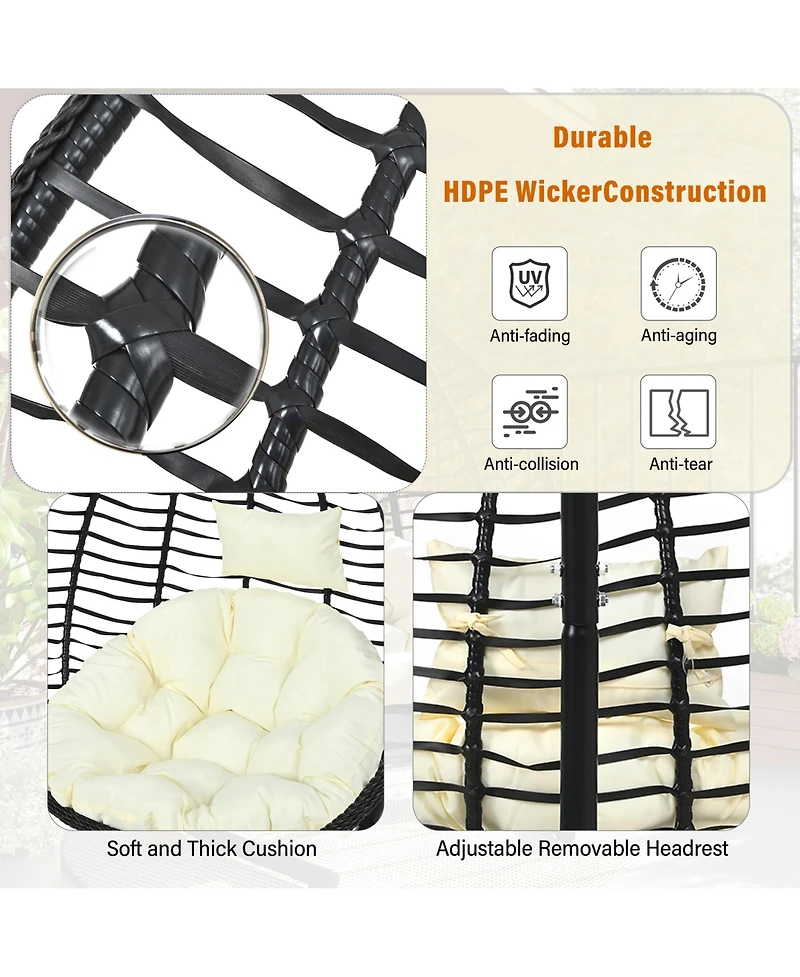 Rainsken Hanging Hammock Chair, Foldable Rattan Egg Swing Chair with Iron Frame, Plush Cushion and Removable Headrest for Indoor Outdoor