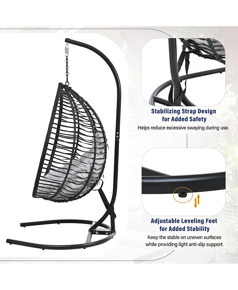 Rainsken Foldable Rattan Hanging Egg Chair, Swing Hammock Chair with Sturdy Iron Frame, Soft Cushion and Detachable Headrest for Indoor Outdoor Use