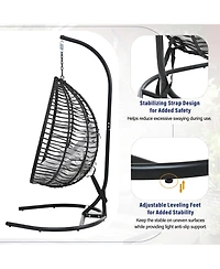 Rainsken Foldable Rattan Hanging Egg Chair, Swing Hammock Chair with Sturdy Iron Frame, Soft Cushion and Detachable Headrest for Indoor Outdoor Use