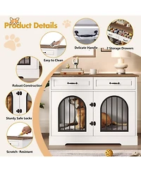 Aostirmotor 43.3" Dog Crate Furniture with Storage Drawers, Side Doors for Medium Large Dogs, End Table Kennel, WhiteandBrown