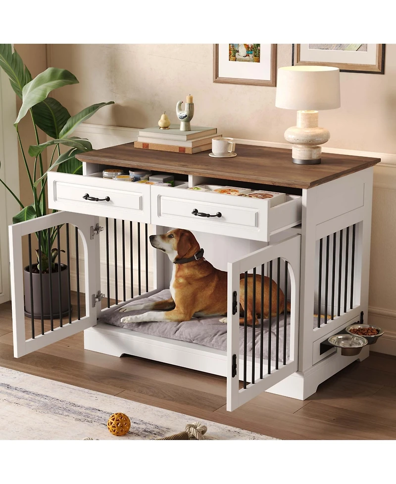 Aostirmotor Farmhouse Dog Crate Furniture with Storage and Rotating Bowls, Metal Kennel for Large Dogs, Side Table