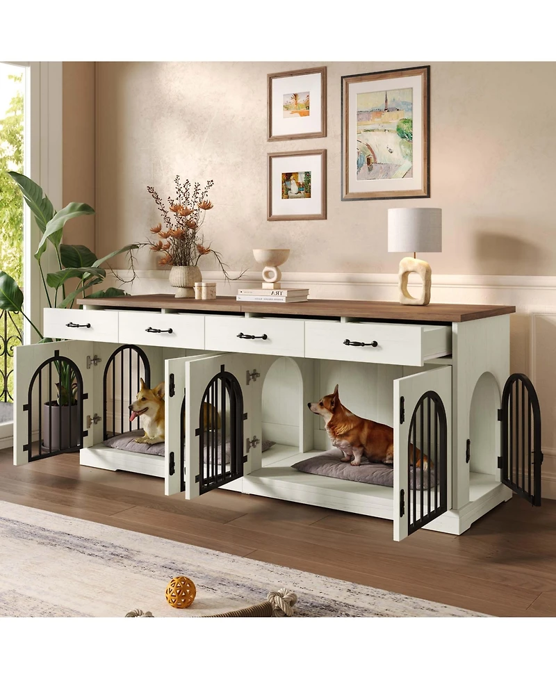 Aostirmotor 70.8" Dog Crate Furniture for 2 Dogs with Divider, 4 Storage Drawers and Doors, End Table Tv Stand, Whiteand