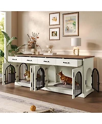 Aostirmotor 70.8" Dog Crate Furniture for 2 Dogs with Divider, 4 Storage Drawers and Doors, End Table Tv Stand, Whiteand