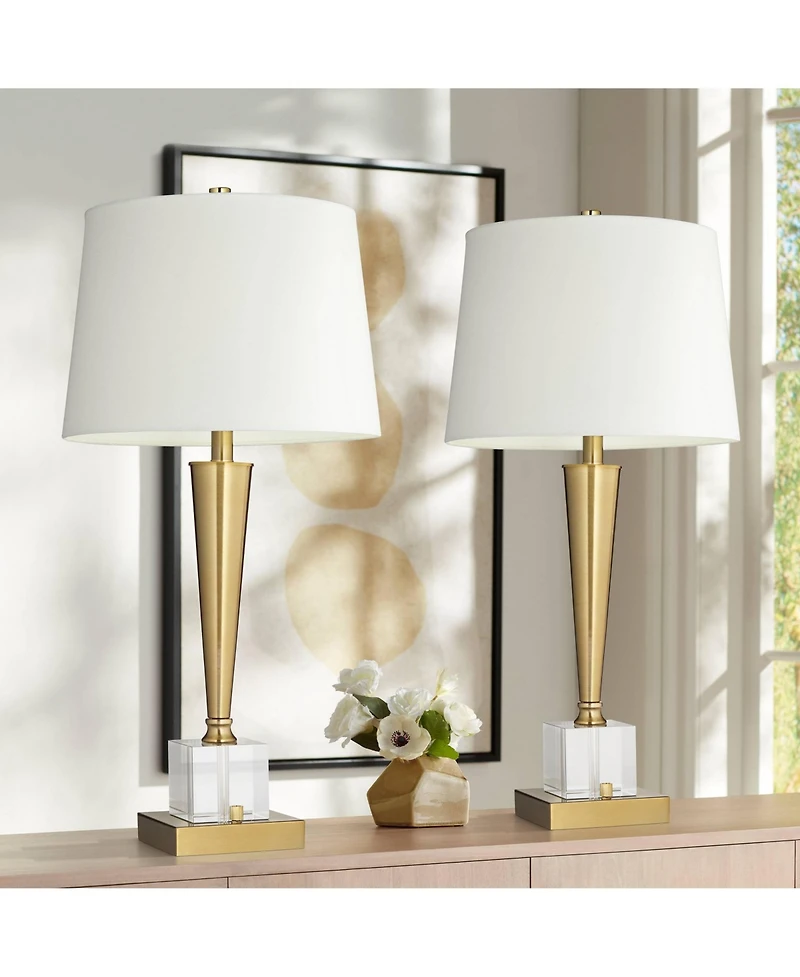 Possini Euro Design Wayne Modern Table Lamps 29 1/4" Tall Set of 2 Brass with Usb Charging Port Fabric Drum Shade for Bedroom Living Room Kids