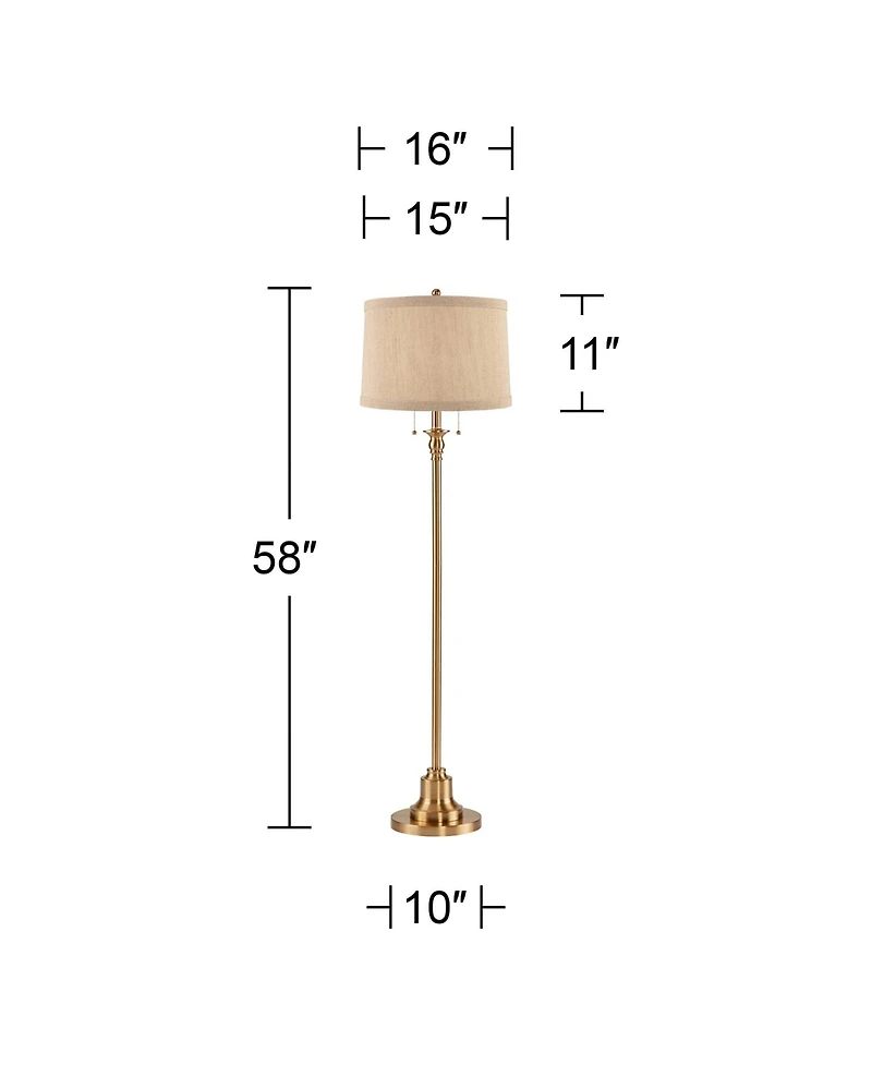 360 Lighting Dyna Traditional 58" Tall Standing Floor Lamp Skinny Pole Pull Chain Antique Brass Finish Linen