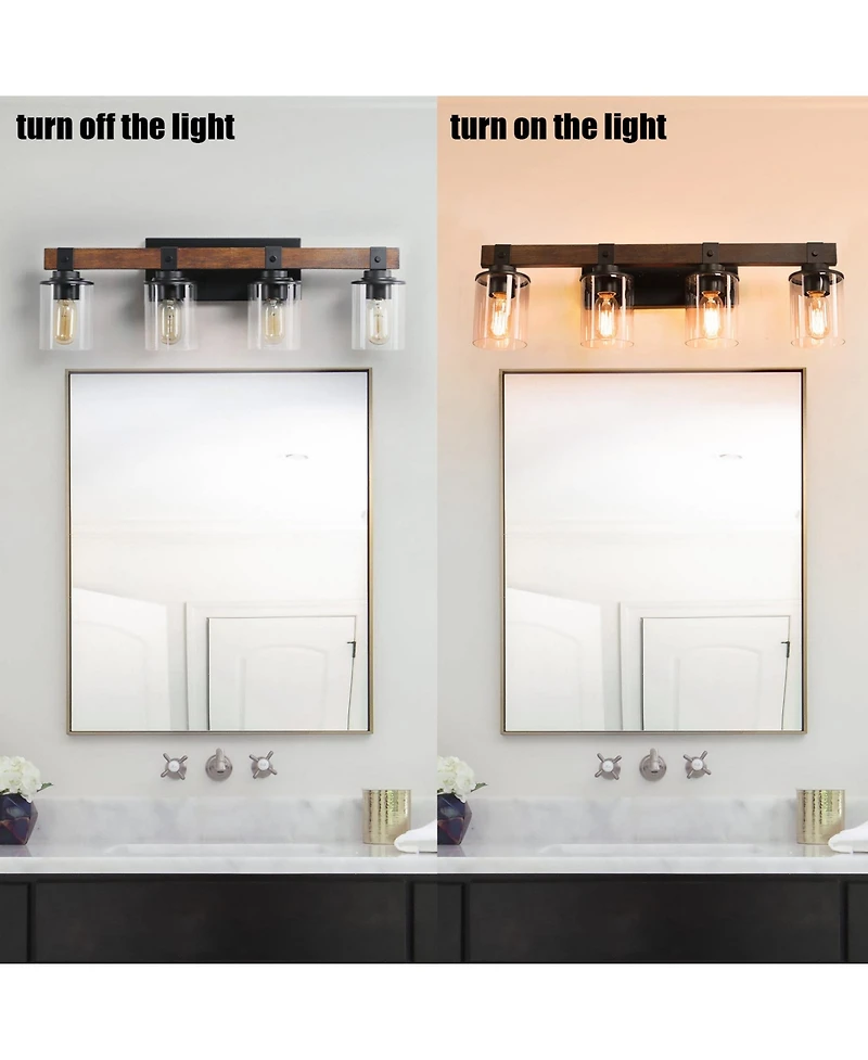 Busdays Modern Farmhouse 4-Light Vanity Light, 27" Industrial Wall Sconce with Wood Accents and Clear Glass Shades for Bathroom