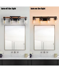 Busdays Modern Farmhouse 4-Light Vanity Light, 27" Industrial Wall Sconce with Wood Accents and Clear Glass Shades for Bathroom