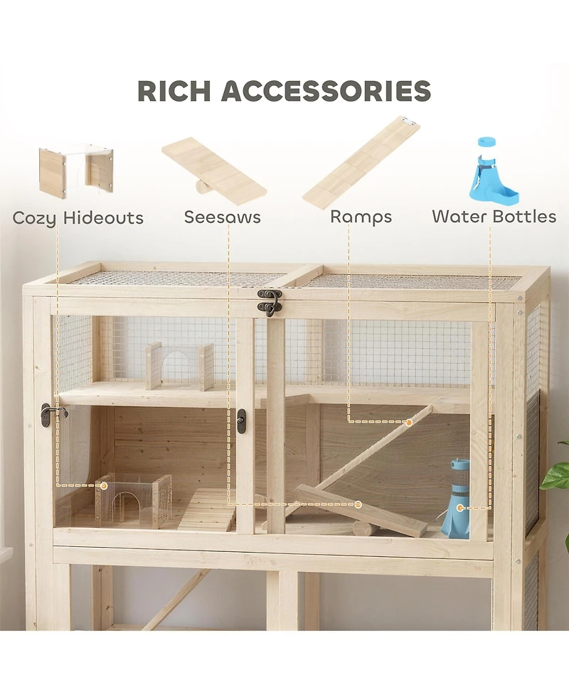 PawHut Wooden Hamster Cage, 4 Tier Small Animal Cage with Mesh Flip Roof