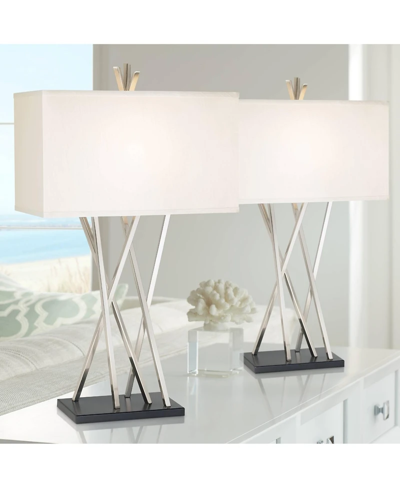 Possini Euro Design Asymmetry 30" Tall Large Modern End Table Lamps Set of 2 Silver Brushed Steel Finish Metal Living Room Bedroom