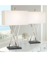 Possini Euro Design Asymmetry 30" Tall Large Modern End Table Lamps Set of 2 Silver Brushed Steel Finish Metal Living Room Bedroom