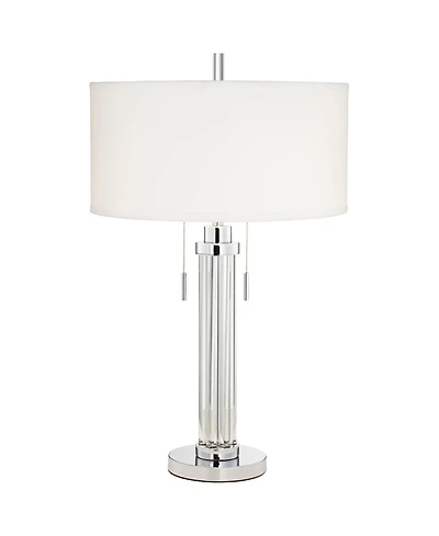 Possini Euro Design Modern Table Lamp 30" Tall with Usb Dimmer Linear Clear Glass Rod ] Linen Drum Shade for Bedroom Living Room House Bedside