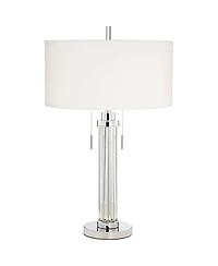 Possini Euro Design Modern Table Lamp 30" Tall with Usb Dimmer Linear Clear Glass Rod ] Linen Drum Shade for Bedroom Living Room House Bedside