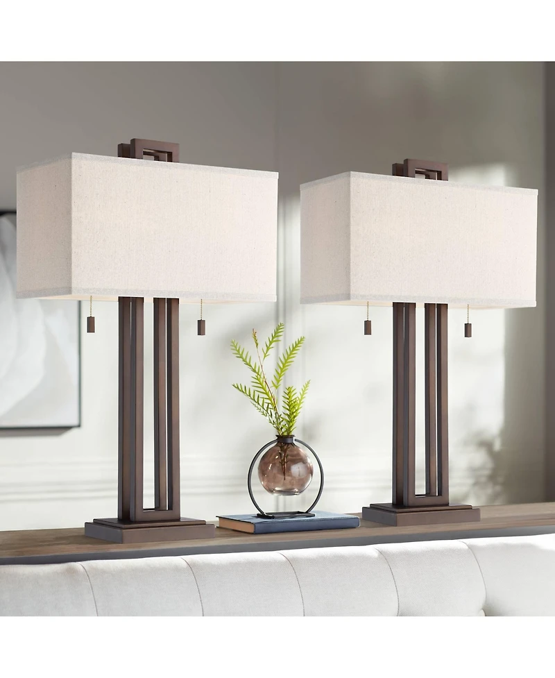 Possini Euro Design Gossard 30" Tall Large Industrial End Table Lamps Set of 2 Pull Chain Bronze Finish Metal Living Room