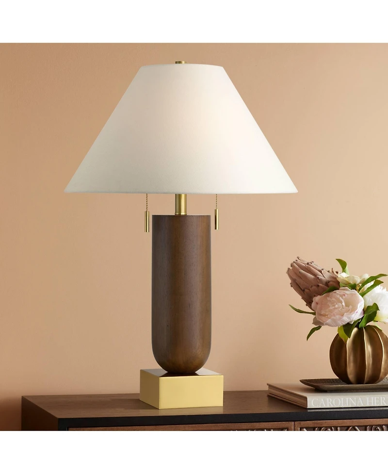 Possini Euro Design Madera 27 3/4" Brass and Wood Usb Table Lamp Set of 2