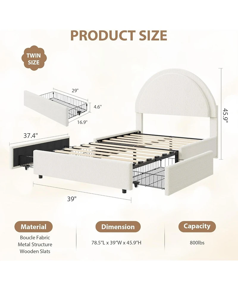 gaomon Bed Frame Storage Drawers Upholstered Boucle Platform Round Headboard Heavy Duty Noise-Free No Box