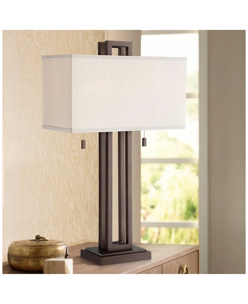 Possini Euro Design Gossard Modern Industrial Table Lamp 30" Tall Bronze with Usb Charging Port Rectangular Shade for Bedroom Living Room Office