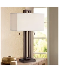 Possini Euro Design Gossard Modern Industrial Table Lamp 30" Tall Bronze with Usb Charging Port Rectangular Shade for Bedroom Living Room Office