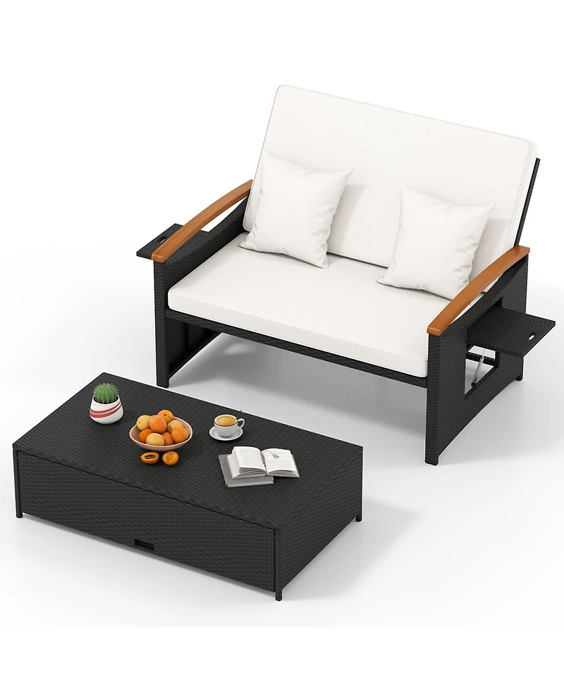 Sugift Outdoor Wicker Daybed with Folding Panels and Storage Ottoman