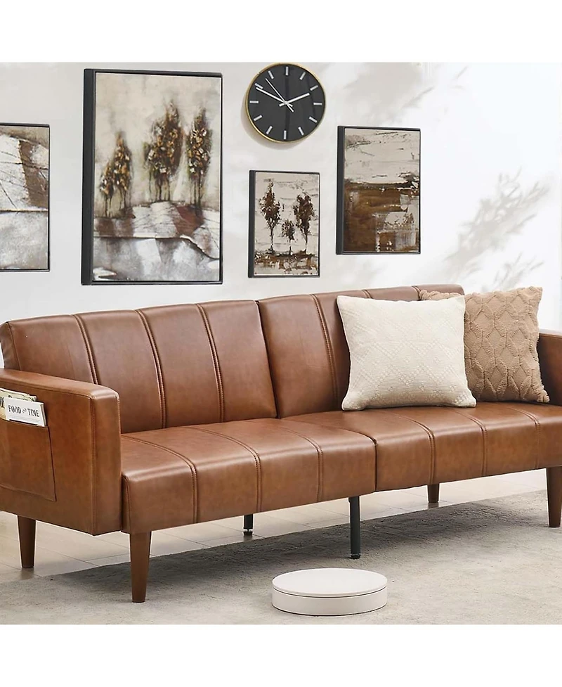 gaomon 75" Faux Leather Futon Sofa Bed, Convertible Sleeper Couch with Adjustable Backrest and Side Pockets
