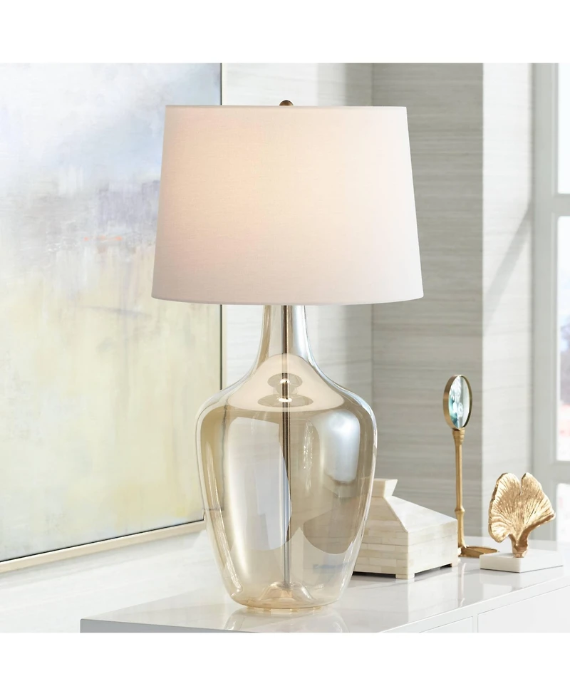 Possini Euro Design Ania Modern Table Lamp 31" Tall Clear Champagne Glass with Table Top Dimmer e Fabric Drum Shade for Bedroom Living Room