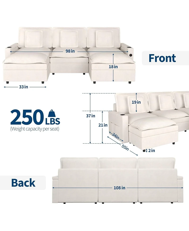 gaomon 108" Modular Sectional Sofa, U-Shaped Chenille Cloud Couch with Storage Armrest and Charging