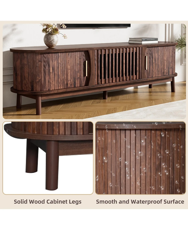 Rainsken Tv Stand for TVs up to 75", Fluted Entertainment Center, Media Console with Tambour Sliding Doors and Grill Flip-Down Door for Living Ro