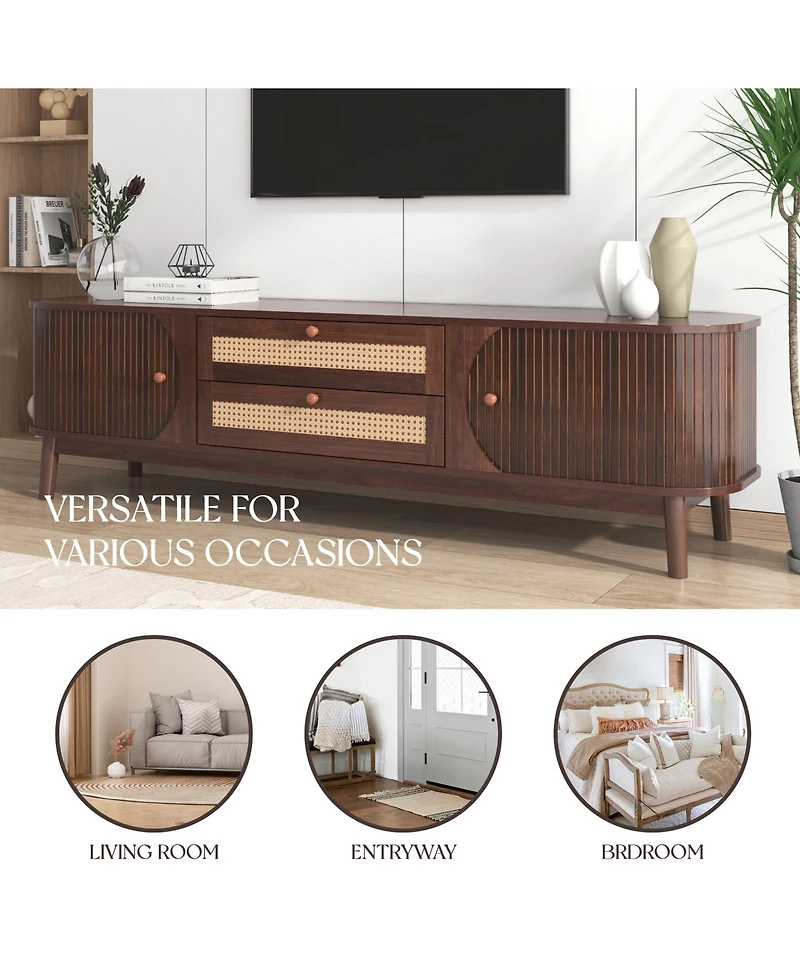 Rainsken Rattan Tv Stand for TVs up to 75'', Modern Farmhouse Media Console with Tambour Sliding Doors and Drawers, Media Console for Living Room