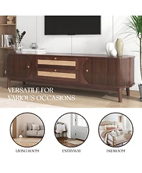 Rainsken Rattan Tv Stand for TVs up to 75'', Modern Farmhouse Media Console with Tambour Sliding Doors and Drawers, Media Console for Living Room