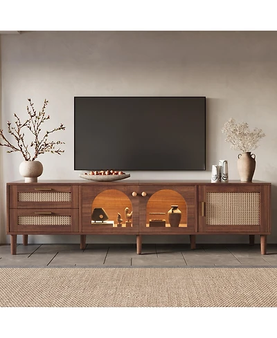 Rainsken Led Tv Stand for TVs up to 80'', Rattan Media Console Table, Entertainment Center with 3 Cabinets and 2 Drawers for Living Room