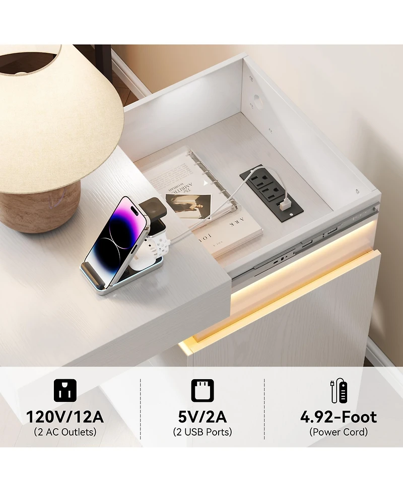 Rainsken Modern Wooden Nightstand with Charging Station and Led Light, 3 Drawers and Sliding Top Design, Multifunctional Bedside Table for Bedroom