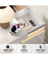 Rainsken Modern Wooden Nightstand with Charging Station and Led Light, 3 Drawers and Sliding Top Design, Multifunctional Bedside Table for Bedroom
