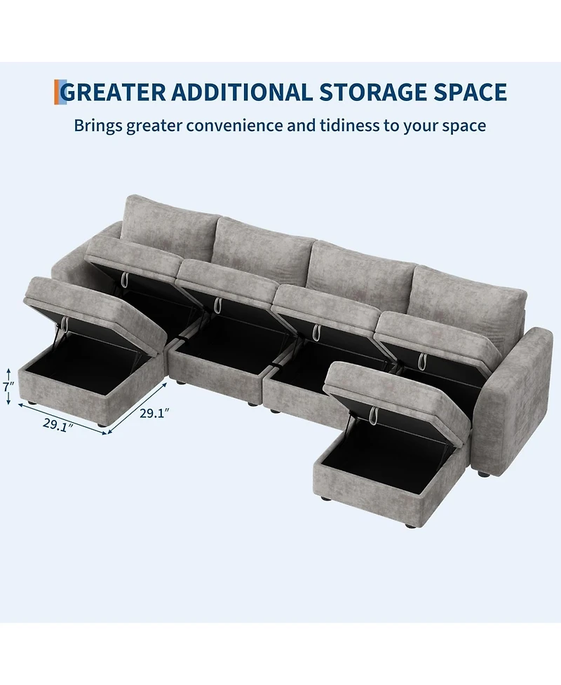 gaomon 141" Sectional Sofa, U-Shaped Cloud Couch with Storage and Ottoman, 6-Seat Chenille Sofa