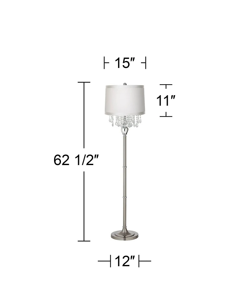 360 Lighting Modern Floor Lamp Standing 60 1/2" Tall Satin Steel Crystal Fabric Drum Shade for Living Room Bedroom Office House Home