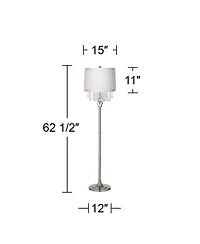 360 Lighting Modern Floor Lamp Standing 60 1/2" Tall Satin Steel Crystal Fabric Drum Shade for Living Room Bedroom Office House Home