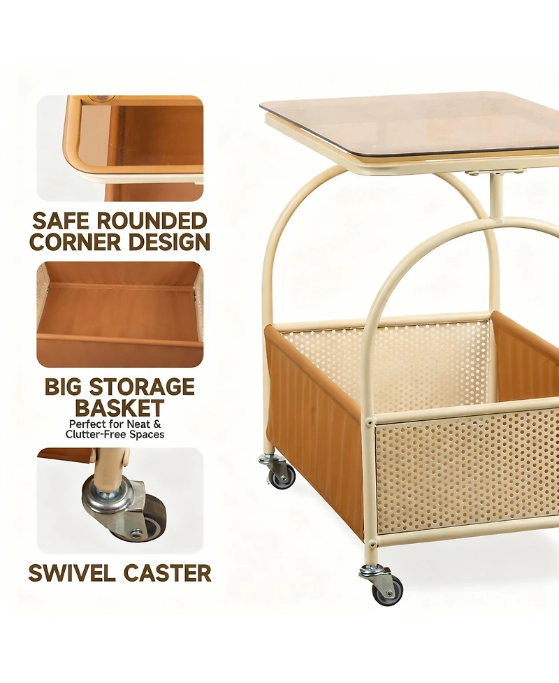 Yigii 2-Tier Glass Top Rolling Side shelf with Storage Basket Mobile End Table on Wheels