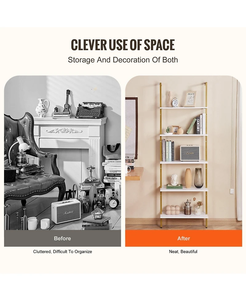 Gouun 5 Tier Ladder Shelf Wall Mounted Bookshelf with Metal Frame