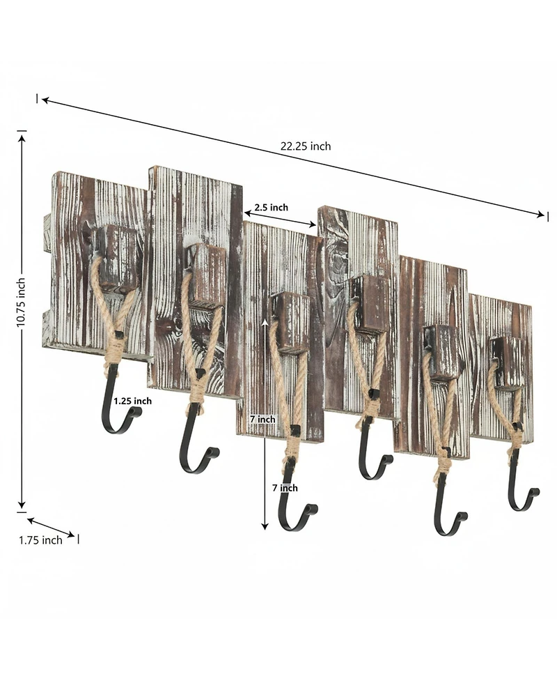 Yigii Wall Mounted Torched Wood Coat Rack Nautical Rope Metal Hooks Entryway Storage