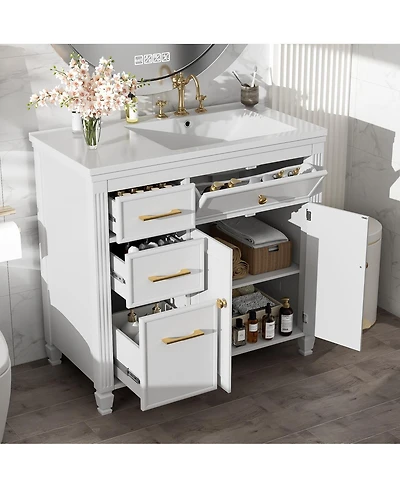 Sillysis 36" Bathroom Vanity with Ceramic Sink, Freestanding Cabinet with Tip-Out & Side Drawers, Adjustable Shelf, Modern Storage.