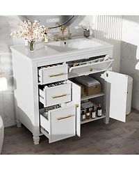 Sillysis 36" Bathroom Vanity with Ceramic Sink, Freestanding Cabinet with Tip-Out & Side Drawers, Adjustable Shelf, Modern Storage.