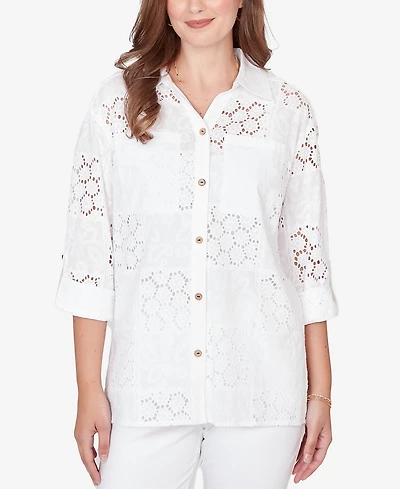 Ruby Rd. Petite Patchwork Eyelet Roll-Tab-Sleeve Top