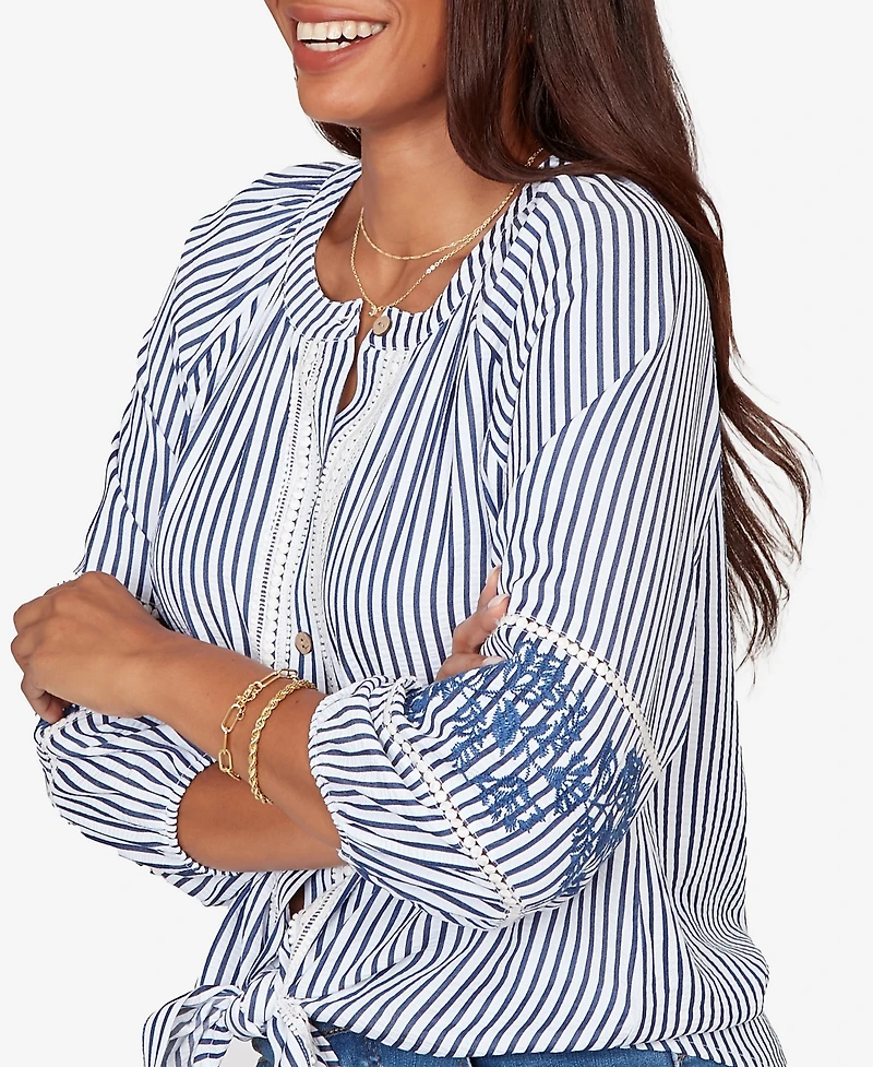 Ruby Rd. Petite Embroidered Seersucker Tie-Front Henley Top