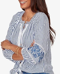 Ruby Rd. Petite Embroidered Seersucker Tie-Front Henley Top