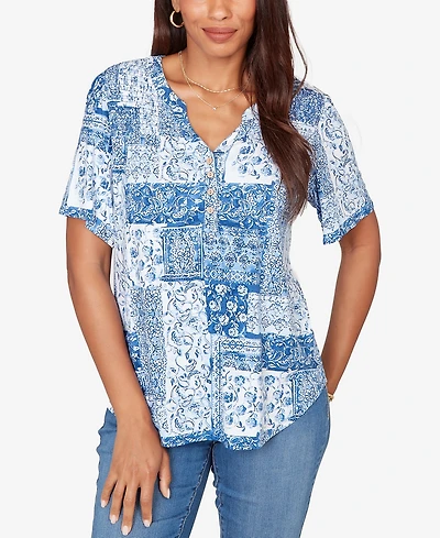 Ruby Rd. Petite Patchwork Bandana Henley T-Shirt