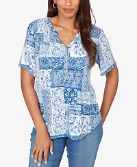 Ruby Rd. Petite Patchwork Bandana Henley T-Shirt