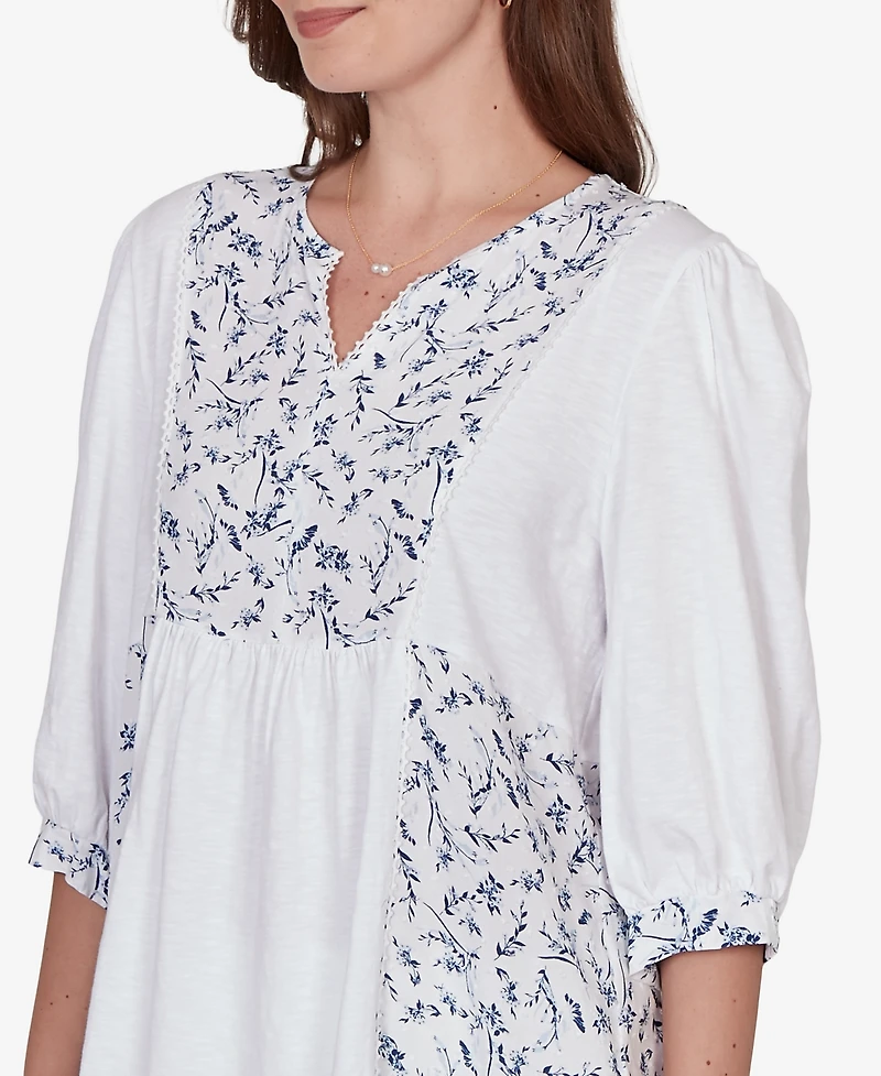 Ruby Rd. Petite Mixed Fabric Sharkbite Knit Top