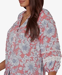 Ruby Rd. Petite Floral Silky Gauze Peasant Button-Front Top