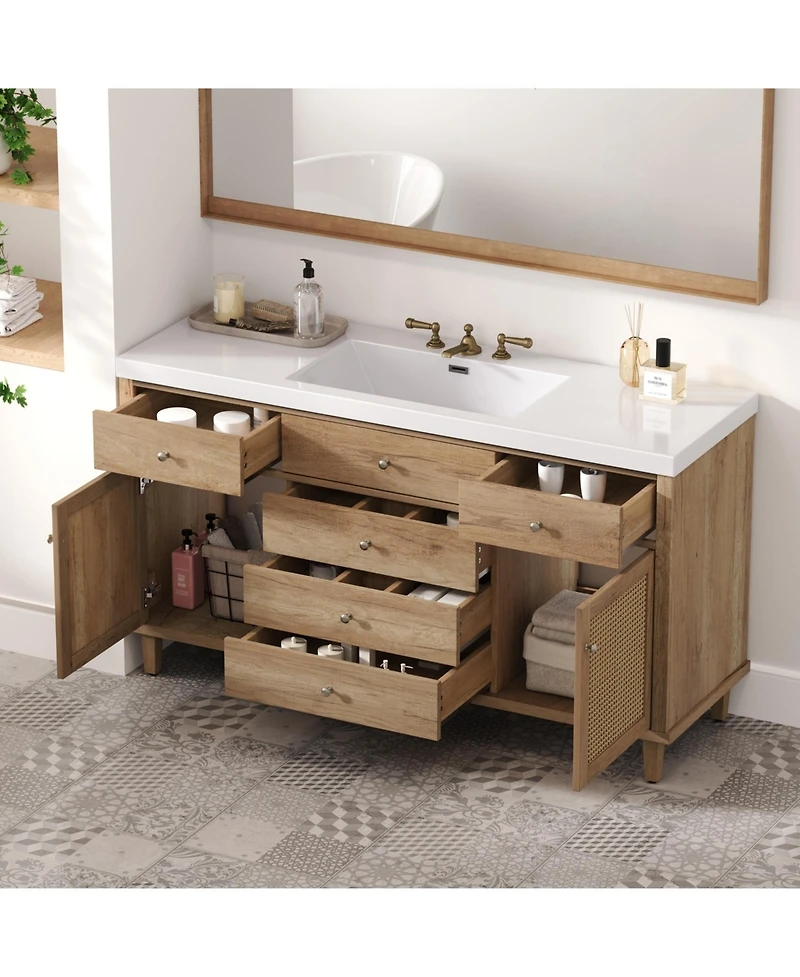 Busdays Bathroom Vanity with Smc Sink, Modern Storage Cabinet with Soft-Close Drawers and Rattan Doors, Silver Metal Knobs, 5 Pine Legs